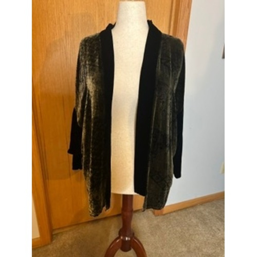 VTG Chicos Design Velvet Burnout Cardigan Silk Blend Olive Black Damask Size SM